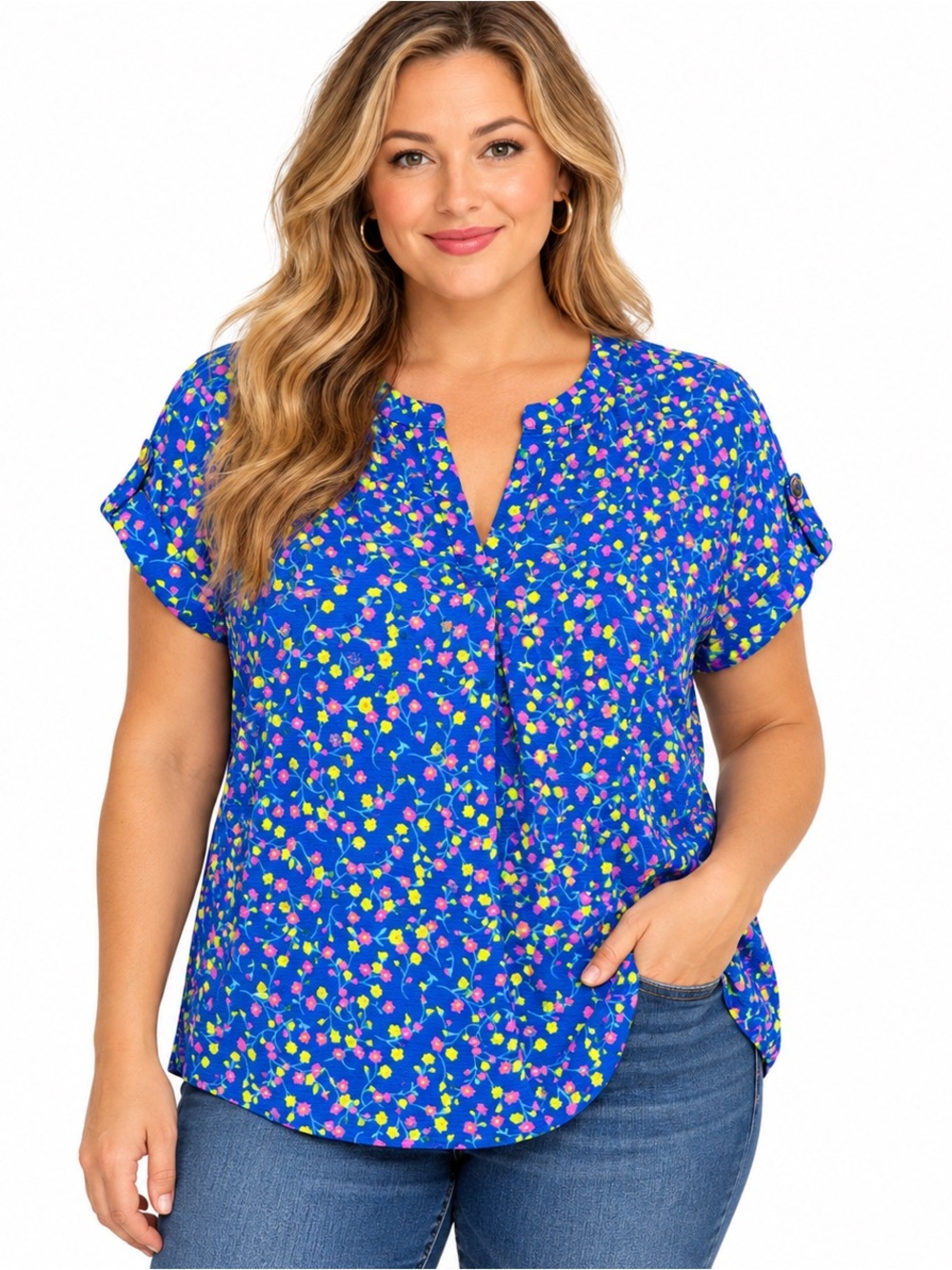 Dear Scarlett Floral Blouse XL Blue Pink Yellow Roll Tab Sleeve NWT